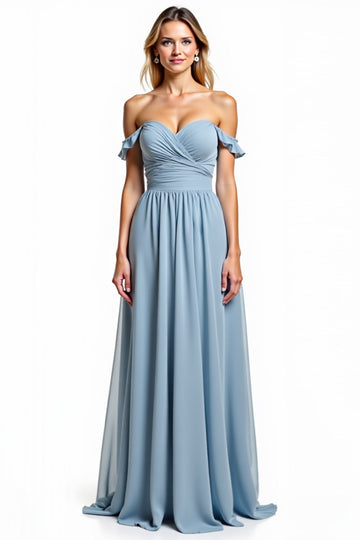 Dusty Blue Off The Shoulder rynkad lång brudtärna klänning